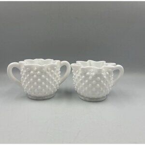 Vintage Old Fenton Milk Glass Hobnail Star Top Sugar and Creamer Set